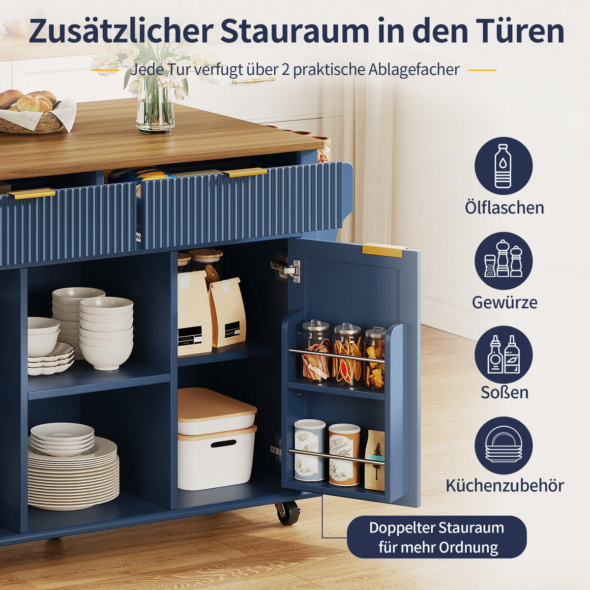 KÜCHENINSEL auf Rollen 143/45/89.5 cm Blau mit klappbarer Arbeitsplatte, 2 Schubladen und Stauraum - Blau, Holz/Holzwerkstoff (45/89.5/143cm) - Oxeza