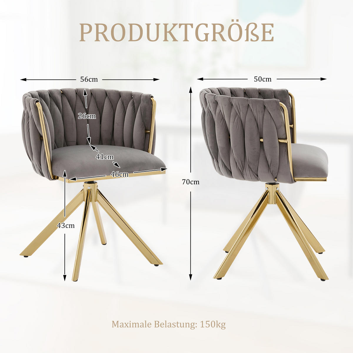 ARMLEHNSTUHL(SET à 2 Stück) mit Metallgestell - ergonomische Rückenlehne und 180° Schwenkfunktion - Dunkelgrau - Grau, Textil/Metall (50/70/56cm) - KOMHTOM