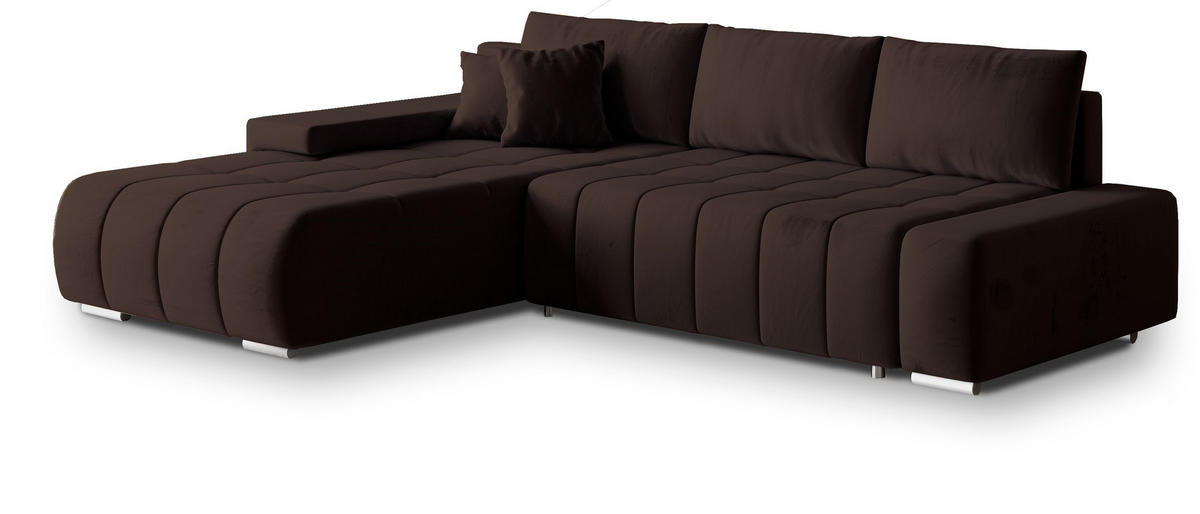 ECKSOFA ALESE L-S Braun Velours-Stoff mit Schlaffunktion - Braun, Holz (265/185cm) - MASSENO