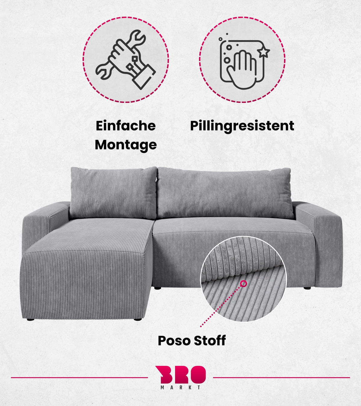 ECKSOFA PLUSH mit Schlaffunktion Grau Cord - Grau, Textil (240/145cm) - Bromarkt