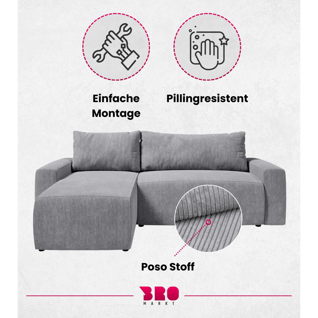 Thumbnail - Bromarkt Ecksofa, Grau, Textil, 3-Sitzer, Füllung: Federn, L-Form,L-Form, 240x145 cm, Wohnzimmer, Sofas & Couches, Wohnl...