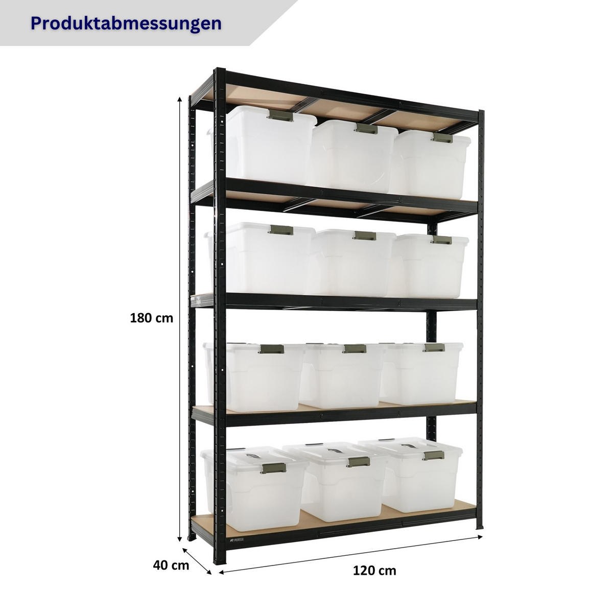 SCHWERLASTREGAL Ragnar inkl. 12x Aufbewahrungsbox 30 Liter - Schwarz, Metall (120/180/40cm) - PROREGAL