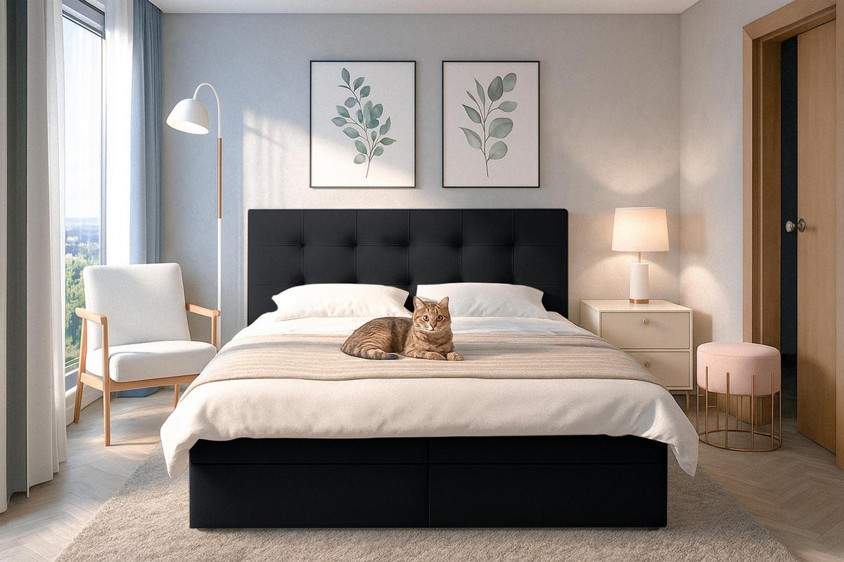 BOXBETT BELINAI 140x200 cm mit Bettkasten und Matratze - Schwarz - Schwarz, Holz/Holzwerkstoff (140/200cm) - AX Living