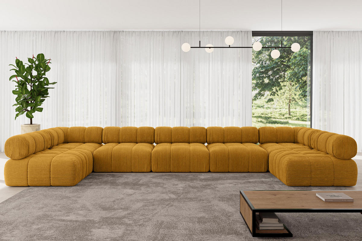 WOHNLANDSCHAFT modulares Sofa Garvo-U3 - 475x190x70 cm Senfgelb Cord - Currygelb, Holzwerkstoff/Textil (475/70/190cm) - ALTDECOR