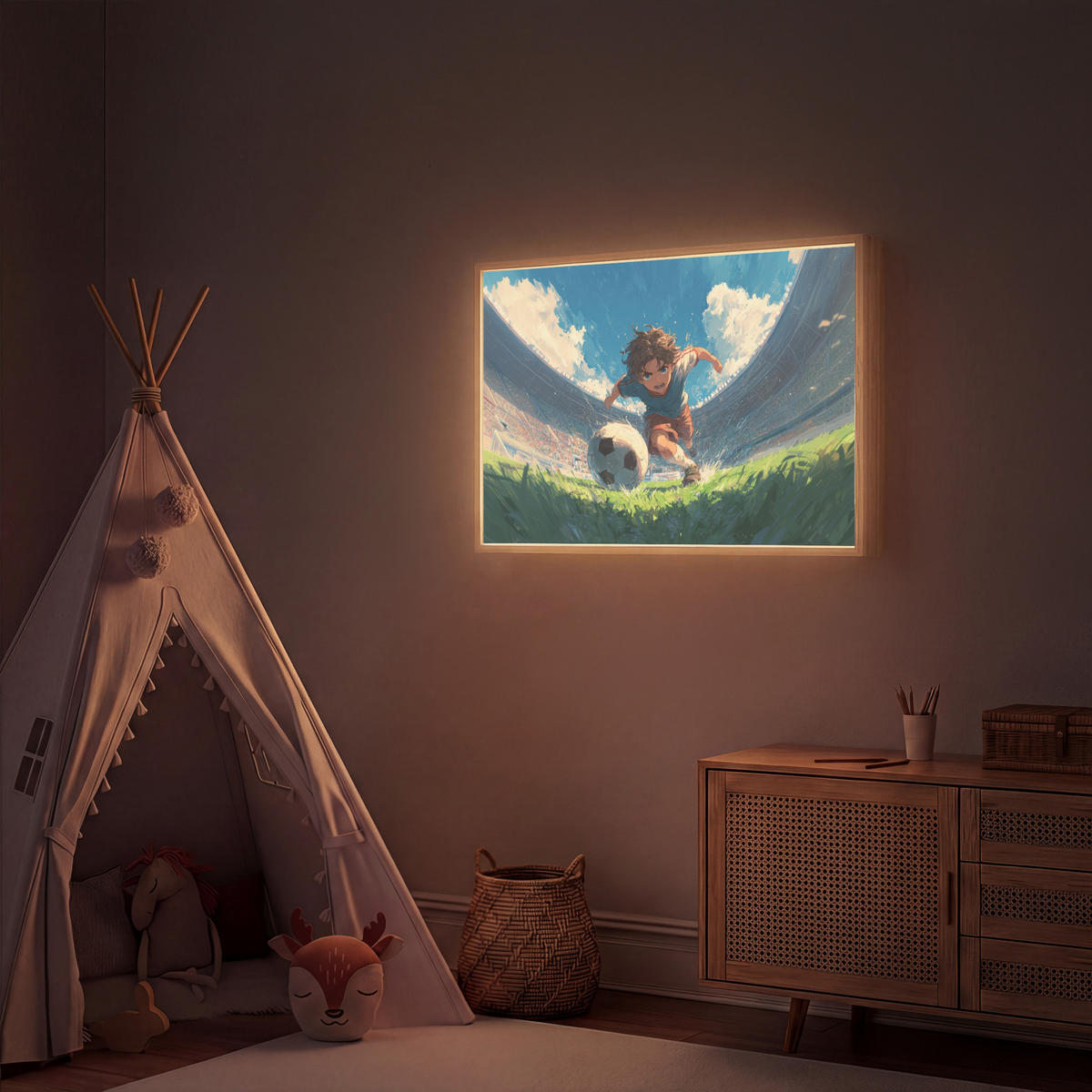 NACHTTISCHLAMPE MIT AKKU Stadion - Fußballer - Ball 100x70 cm - Blau, Holzwerkstoff (8/100/70cm) - OnlyWow