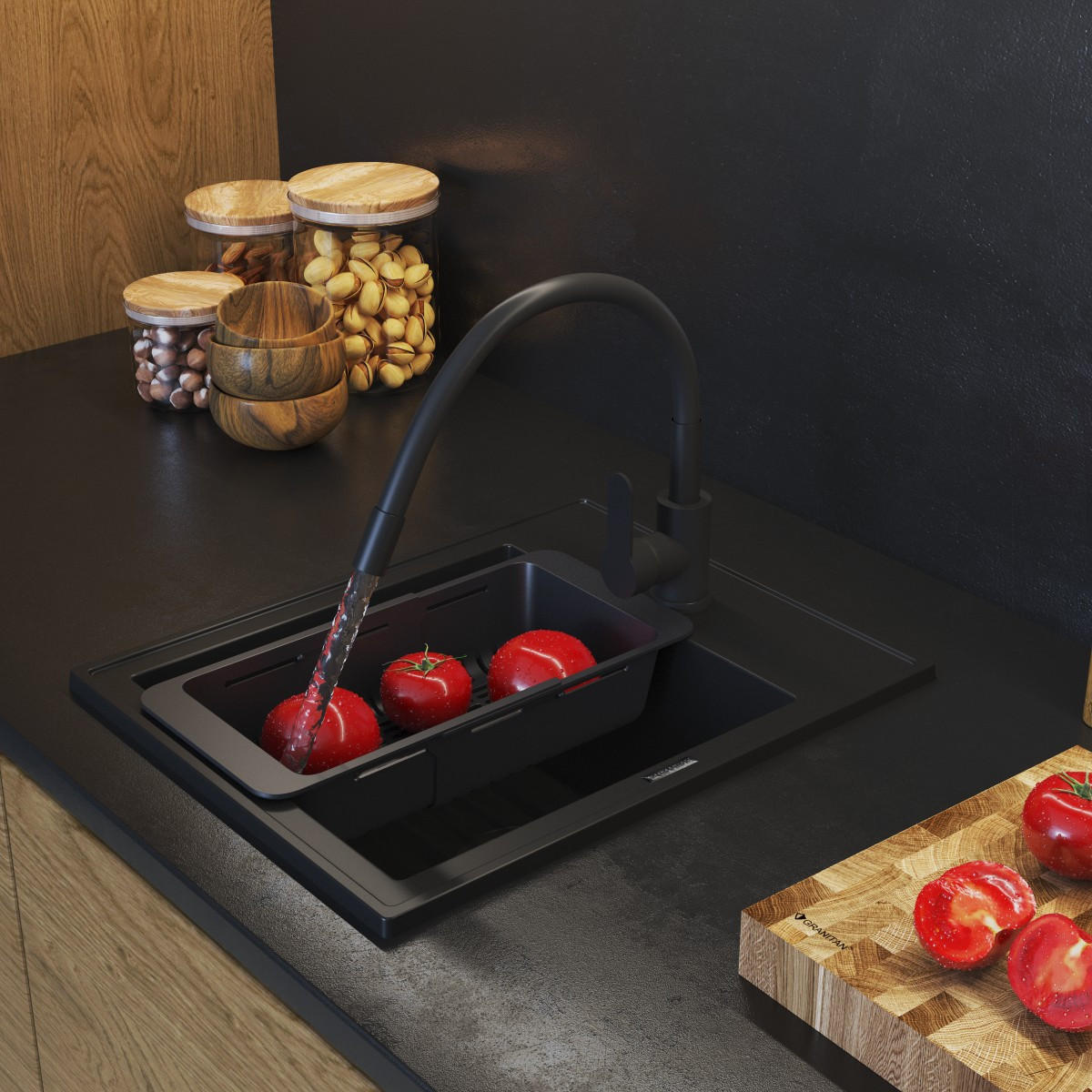 GRANITSPÜLE Nero mit Batterie - Schwarz, Kunststoff/Stein (40/20/50cm) - Granitan