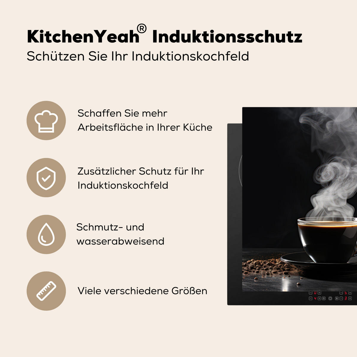 HERDABDECKPLATTE Kaffee - Schwarz - Bohnen - Heiß - Tasse Induktionsmatte 78x78 cm - Schwarz, Kunststoff (78/78/0.2cm) - MuchoWow