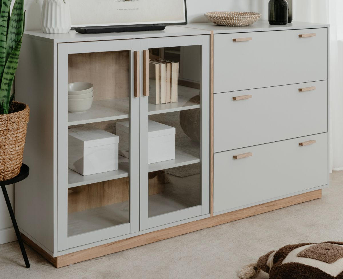 SIDEBOARD grau, Hickory Walnuss 163 cm, Kommode mit Glastüren - Walnussfarben/Grau, Glas/Holzwerkstoff (162.5/94/40cm) - Furn.Design