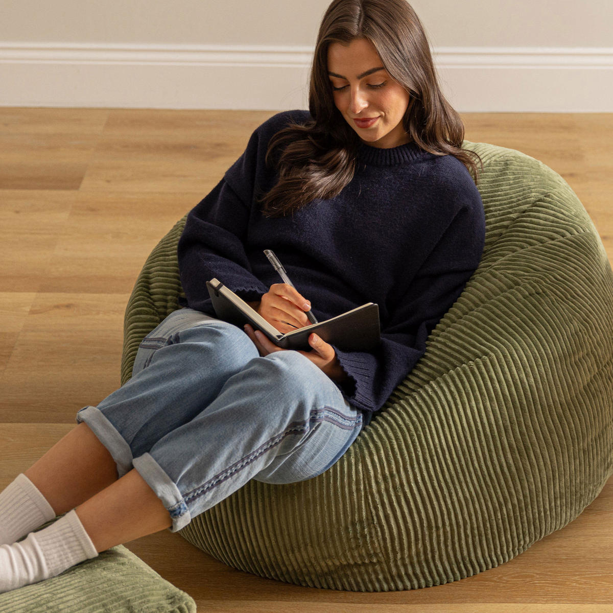 SITZSACK Klassisch + Hocker, Cord - Salbeigrün, Kunststoff/Textil (85/50/85cm) - icon