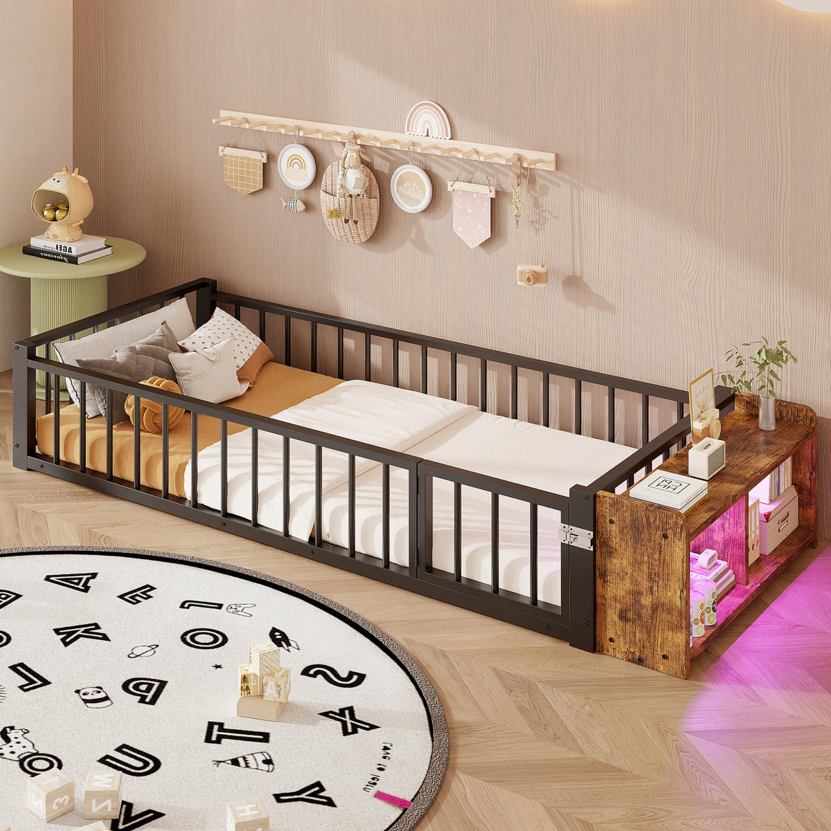 KINDERBETT 90/200 cm aus Metall mit Schutzgeländer und LED-Beleuchtung - Schwarz, Holzwerkstoff (90/200cm) - Flora Grace
