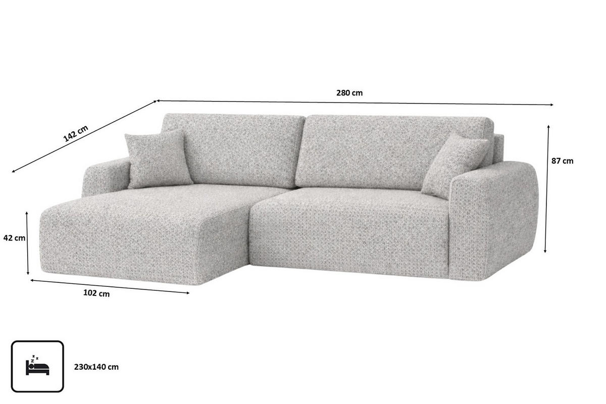 ECKSOFA Mit Schlaffunktion, Ariel XL, Chenille-Stoff, Stoff Artico, Nata, Links - Beige, Holz (280/142cm) - Kaiser Möbel