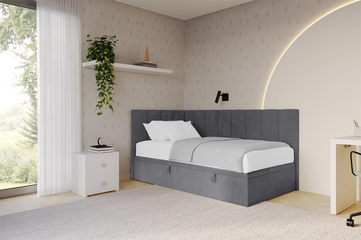 EINZELBETT Jugendbett mit Bettkasten Rechts, ohne Matratze - LOVY 80x200 Dunkelgrau - Dunkelgrau, Holzwerkstoff/Textil (80/200cm) - ALTDECOR