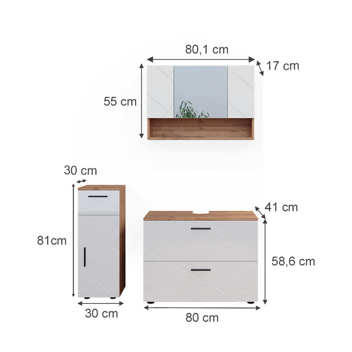 BADMÖBEL-SET Irma Weiß Hochglanz/Goldkraft Eiche 3 Teile - Honigeiche/Weiß Hochglanz, Holzwerkstoff (80/58.6/41cm) - Vicco