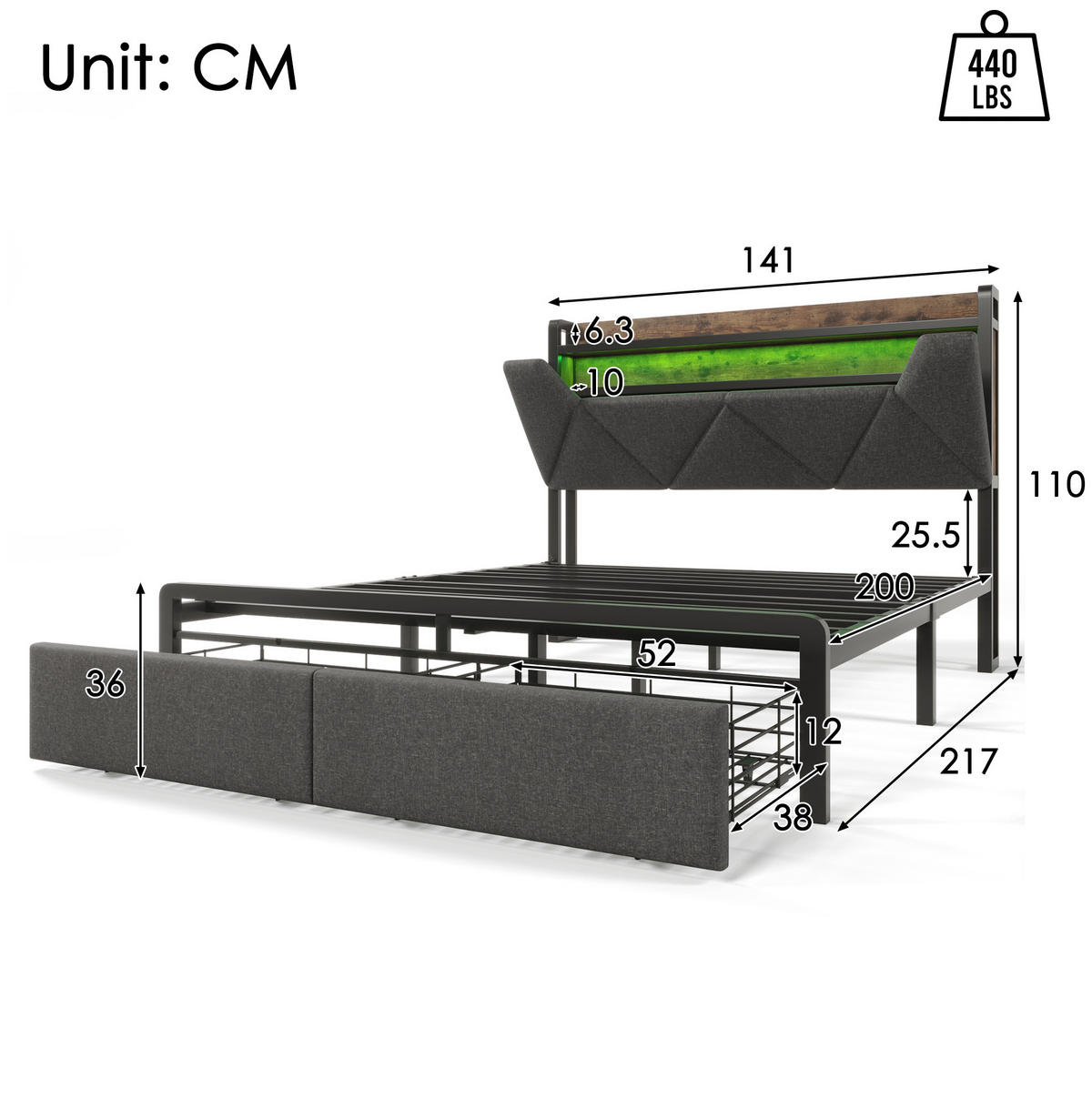 BETT 140/200 cm Grau mit LED-Beleuchtung, Stauraum und USB- und Type-C-Anschlüssen - Grau, Textil (160/200cm) - Flora Grace