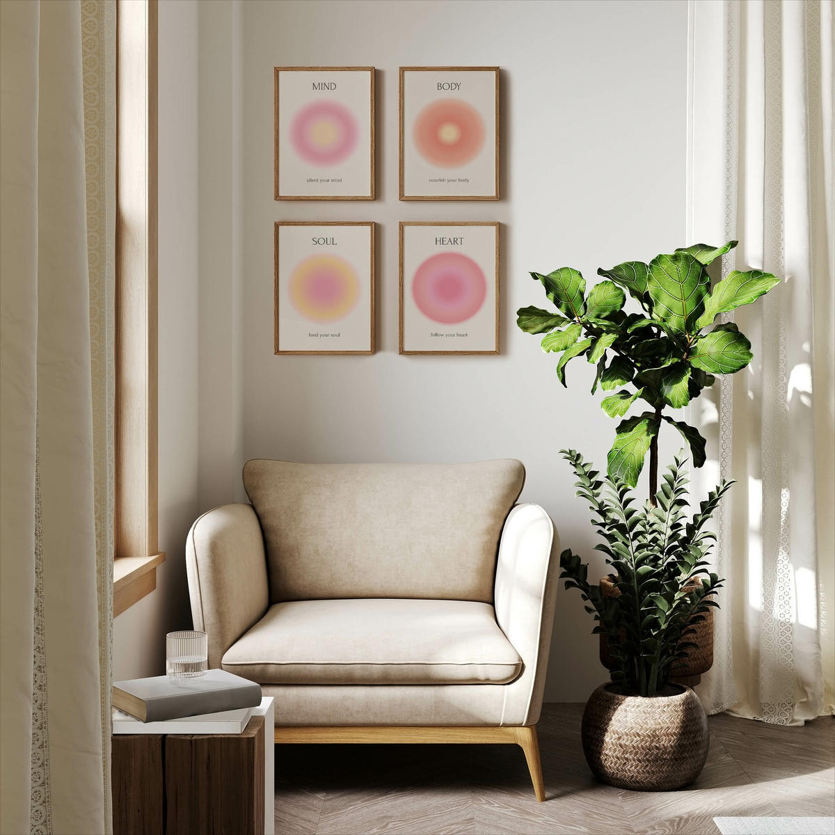 PLAKÁT Sada Aura Afirmace Mysl Duše Tělo Srdce 4x A3 30x42 cm - různobarevná, papír (30/42/42cm) - Muralo
