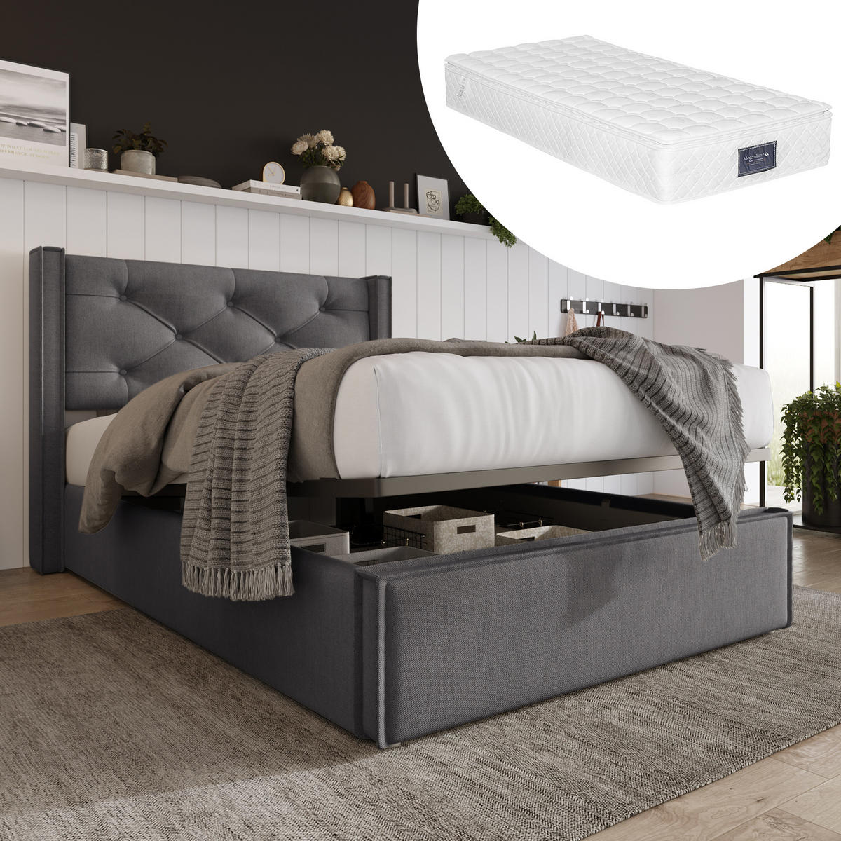 POLSTERBETT 90/200 cm Grau aus Baumwolle mit Stauraum - Grau, Textil (90/200cm) - OKMYHOME