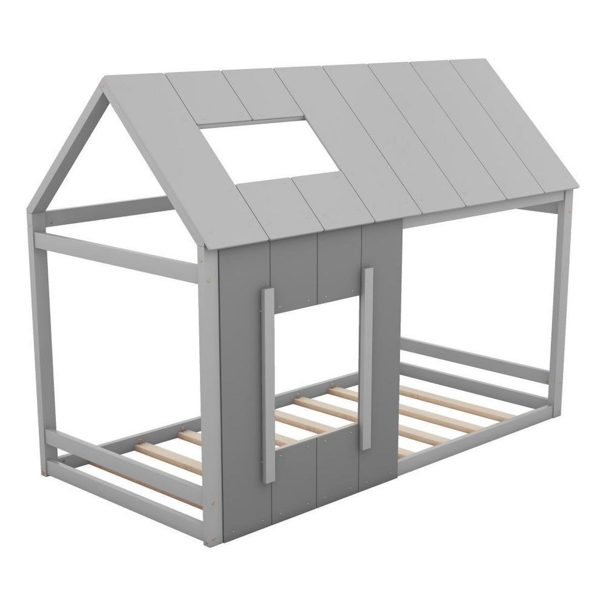 HAUSBETT 90/200 cm in Dunkelgrau und Hellgrau mit Fenster - Grau, Holz (90/200cm) - KOMHTOM