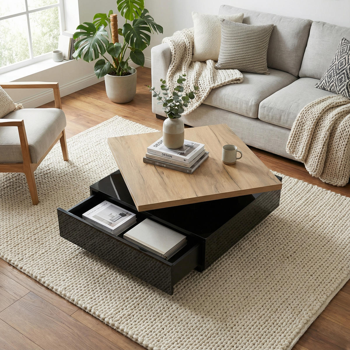 COUCHTISCH 70x70 cm Hochglanz mit 360° drehbar - Eichefarben, Holzwerkstoff (70/70/36cm) - Urban Meuble