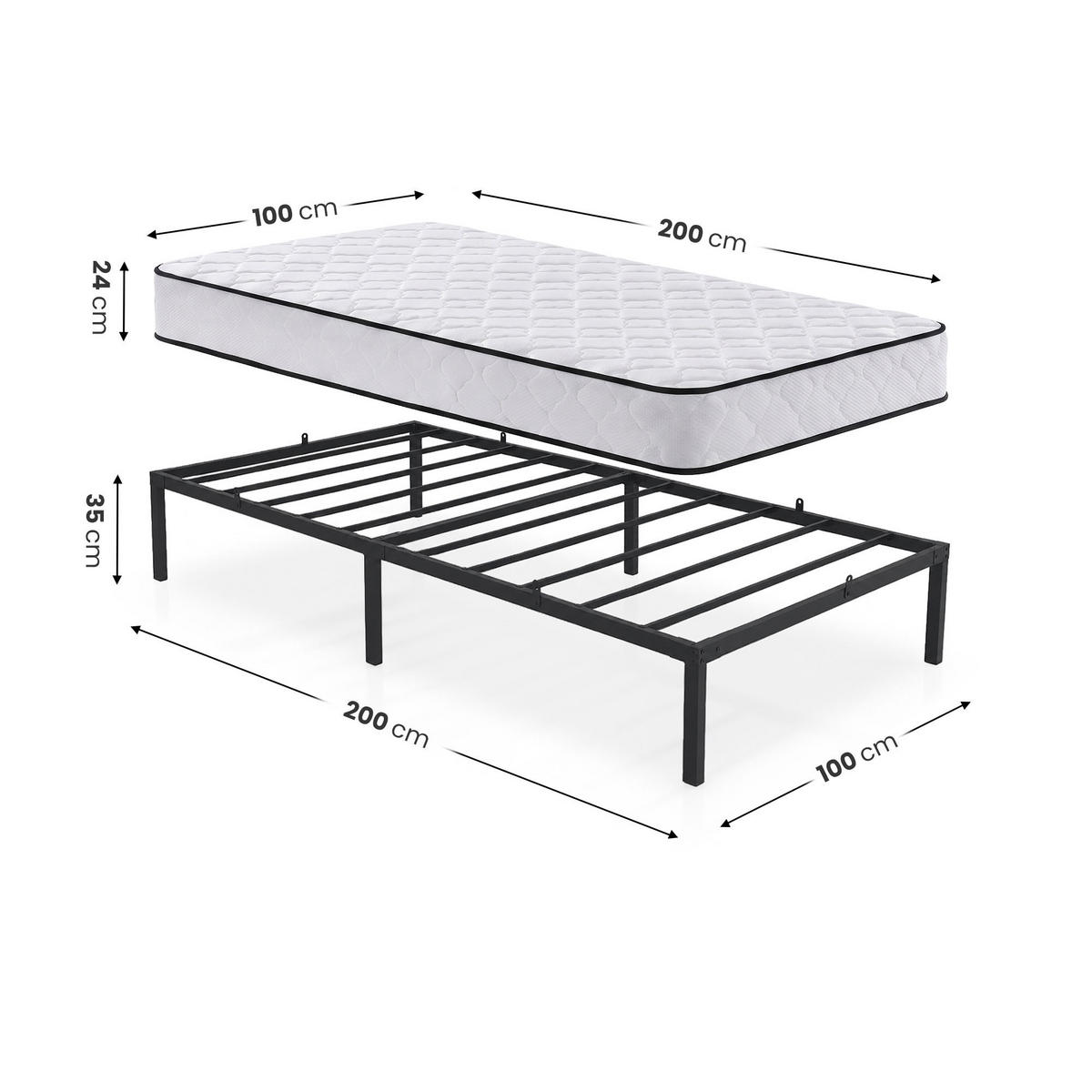 METALLBETT Klappbares mit Matratze 100x200 cm Schwarz - Schwarz, Metall - Akord