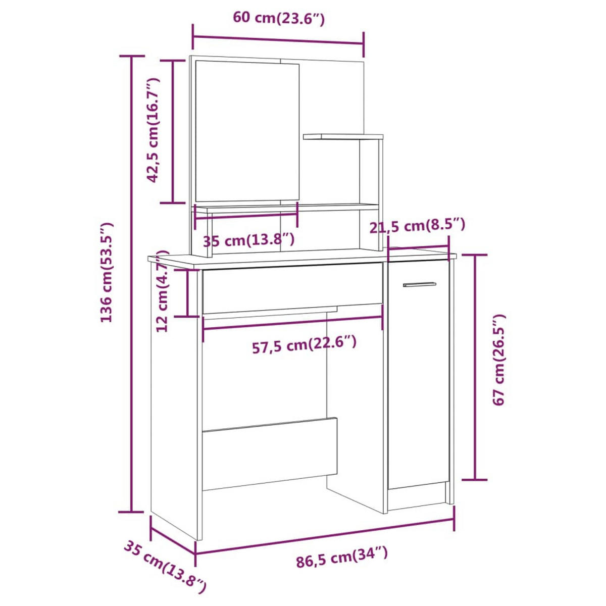 SCHMINKTISCH Cochran 86.5/35/136 cm - Zirbelkieferfarben, Holzwerkstoff (86.5/136/35cm) - Nettlife