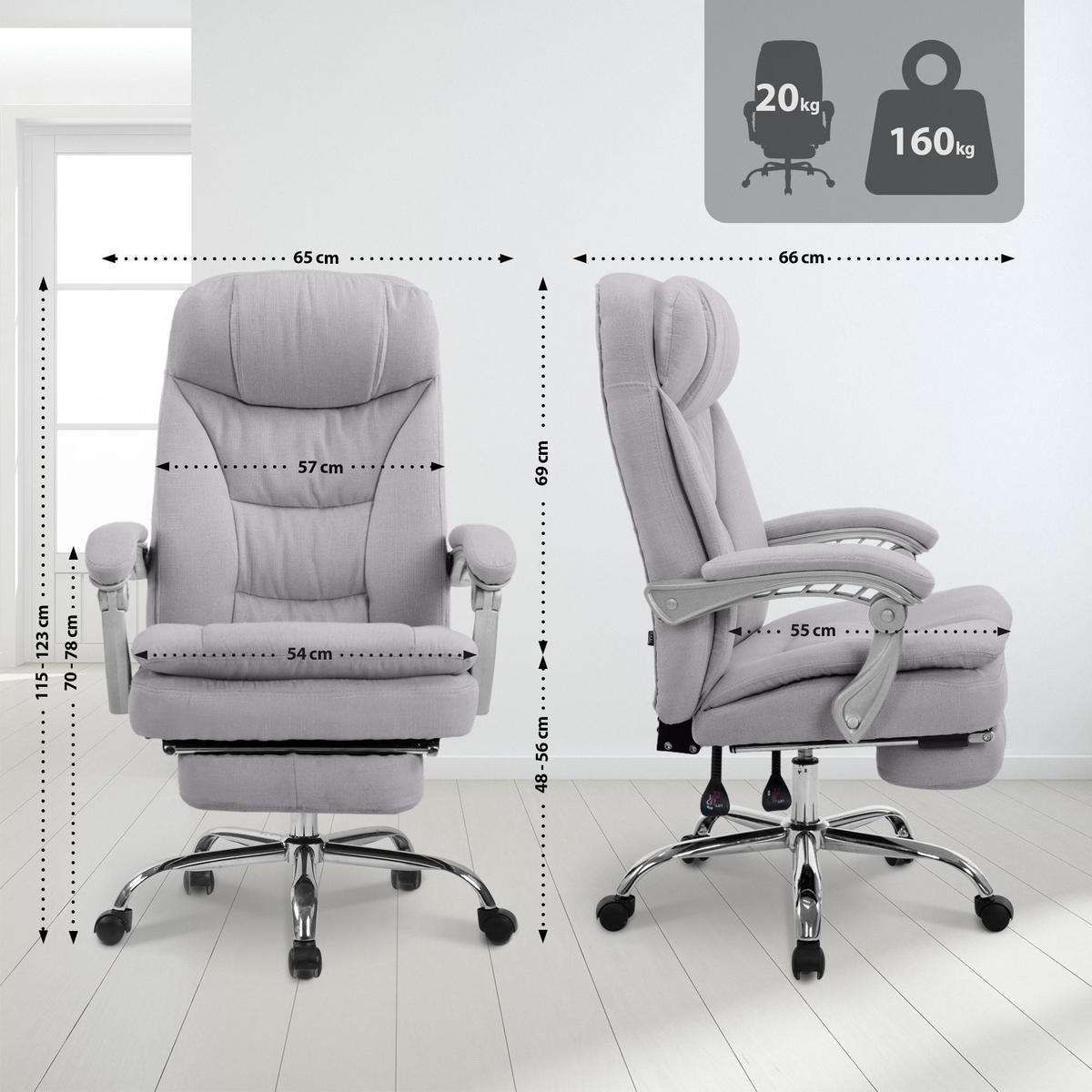 CHEFSESSEL Stoff Grau - Chromfarben/Grau, Textil/Metall (65/115/66cm) - CLP