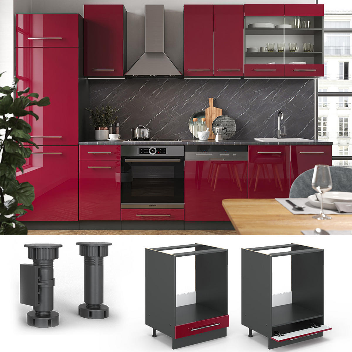 HERDUMBAUSCHRANK Fame-Line Bordeaux Hochglanz 60 cm, AP Eiche - Bordeaux/Anthrazit, Holzwerkstoff (60/82/60cm) - Vicco