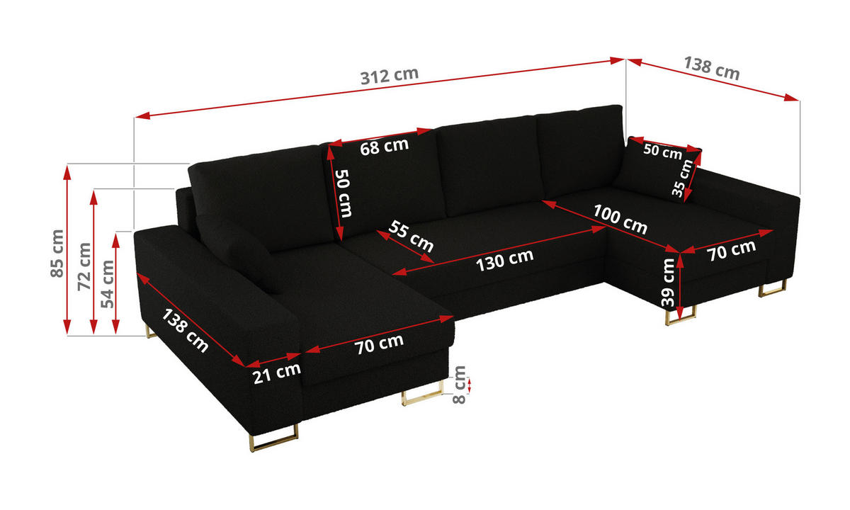 WOHNLANDSCHAFT DORIAN U Bouclé Schwarz - Goldfarben/Schwarz, Textil/Metall (312/85/138cm) - MKS
