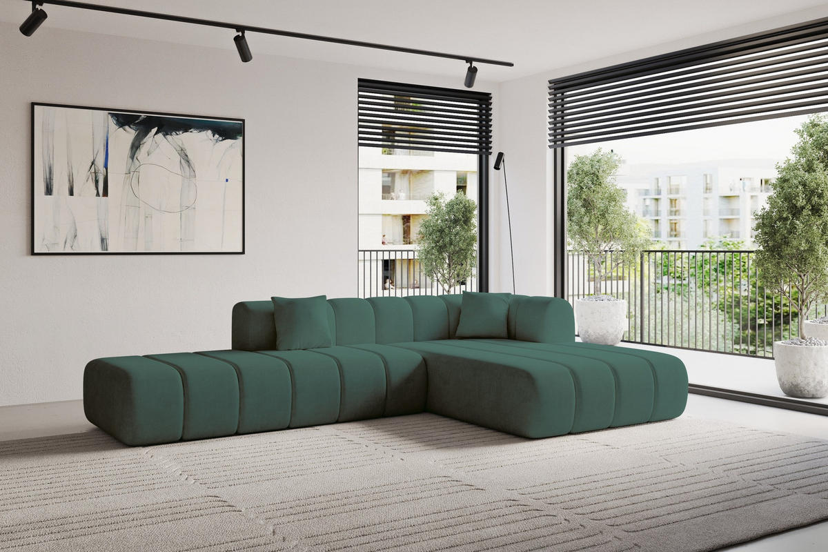 ROHOVÁ SEDAČKA s otomanem, pravá BILA-L 289x176x71 Zelená Velur - černá/jadeitově zelená, kompozitní dřevo/textil (289/176cm) - ALTDECOR