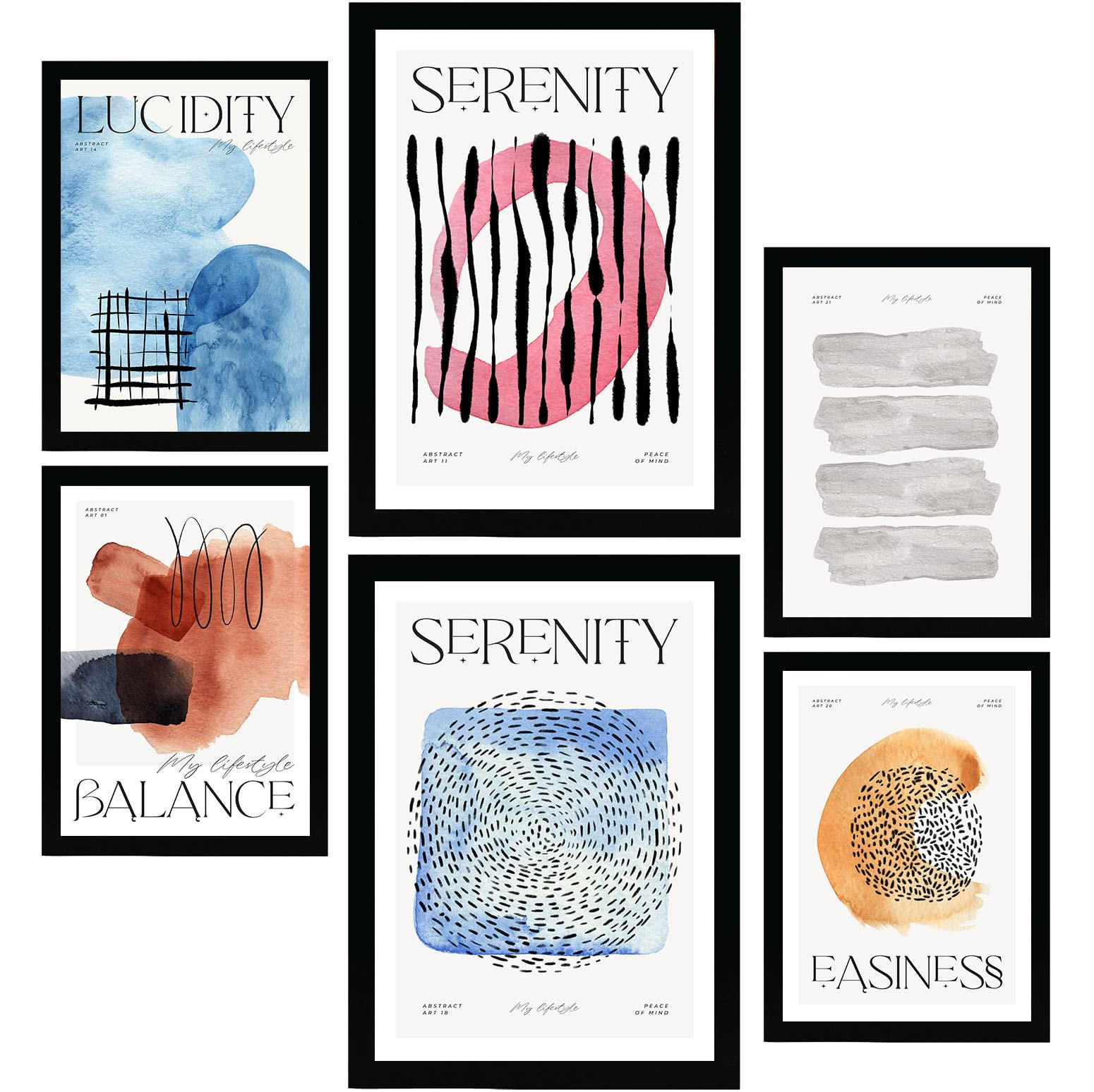POSTER Set Mit 6 Abstrakte Ruhig Plakate Mit Ästhetischer Kunstausstellung Vollfarbige Illustrationen Für Innenarchitektur A3 & A4 Weißer Rahmen - Weiß, Papier (29/3cm) - Nacnic