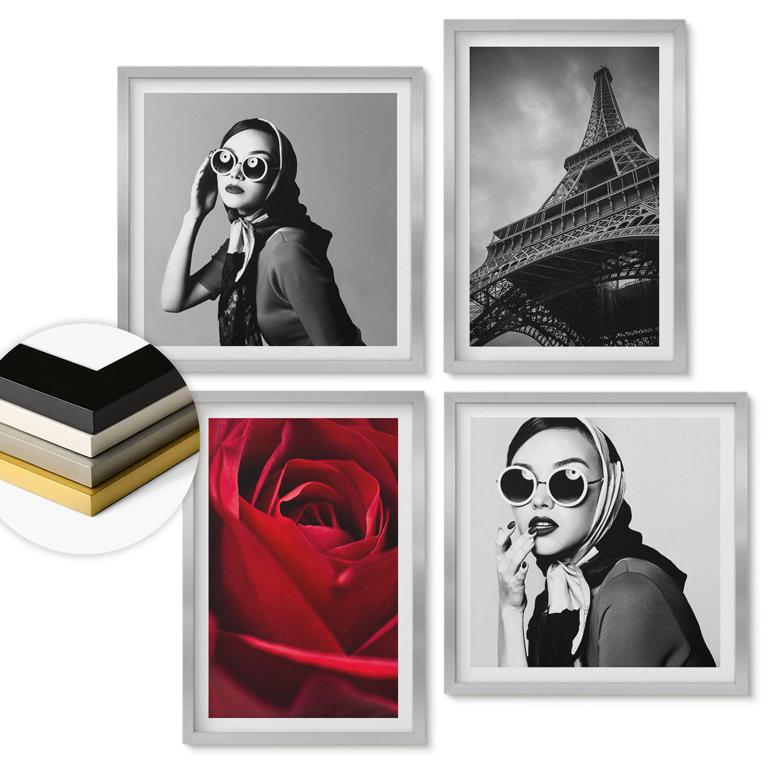 WANDBILDER 4er Set - 50x50 cm & 40x60 cm Silberner Rahmen - Pariserin mit Eiffelturmbrille - Silberfarben, Kunststoff (50/50cm) - ArtPrintCave
