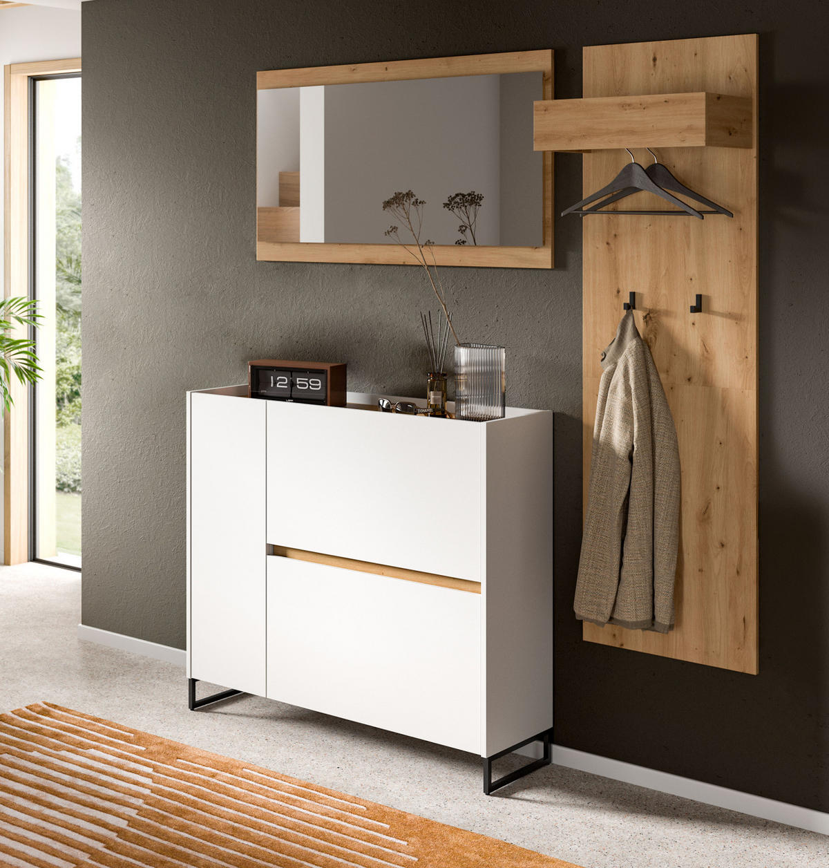 GARDEROBE-SET weiß und Artisan Eiche, Garderobe 3-teilig, 175 x 192 cm, Soft-Close, Borga - Schwarz/Weiß, Holzwerkstoff/Metall (175/192/32cm) - Inn.Furn