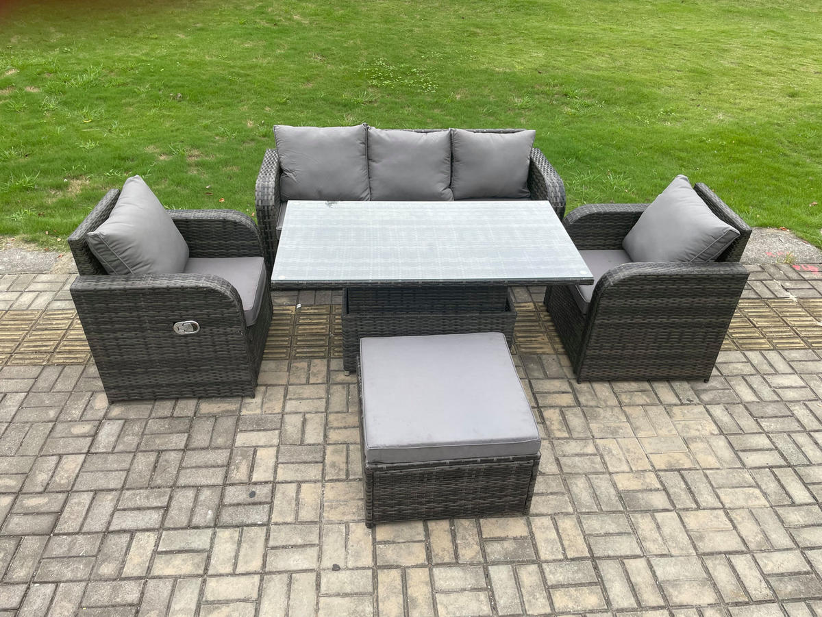 SITZGRUPPE Polyrattan 6-Sitzer - Dunkelgrau/Grau, Glas/Kunststoff - Fimous