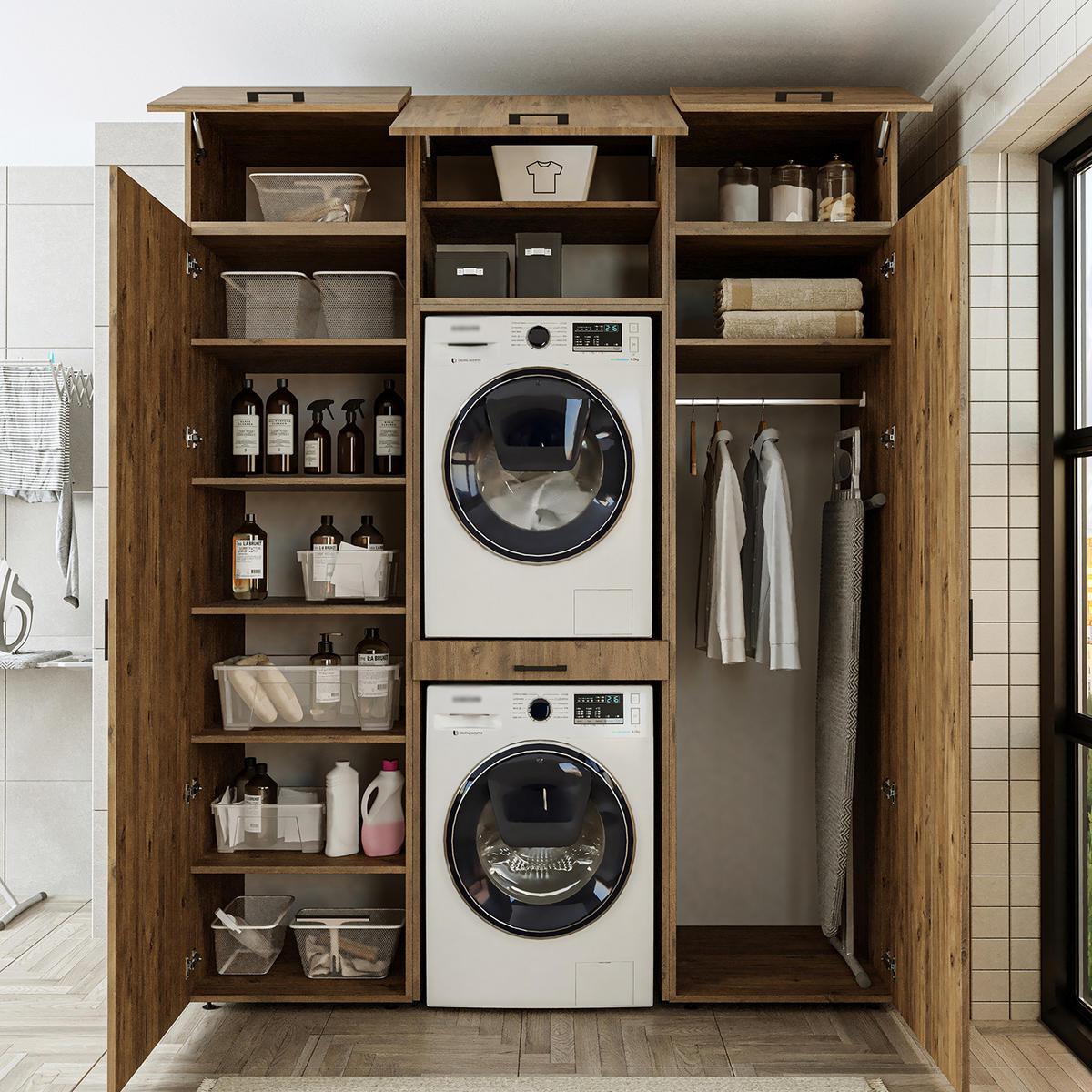 WASCHMASCHINENSCHRANK DUO-I 187cm Breit, 240cm Hoch - Eichefarben, Holzwerkstoff (187/240/67cm)