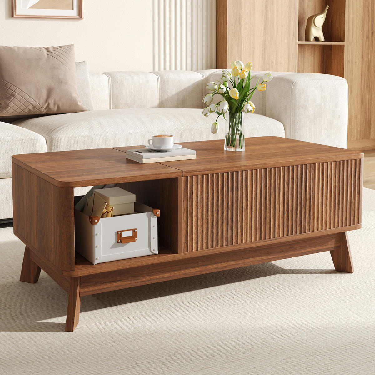 COUCHTISCH Hubfunktion Wellenoptik - Walnussfarben, Holzwerkstoff (48/95/50cm)