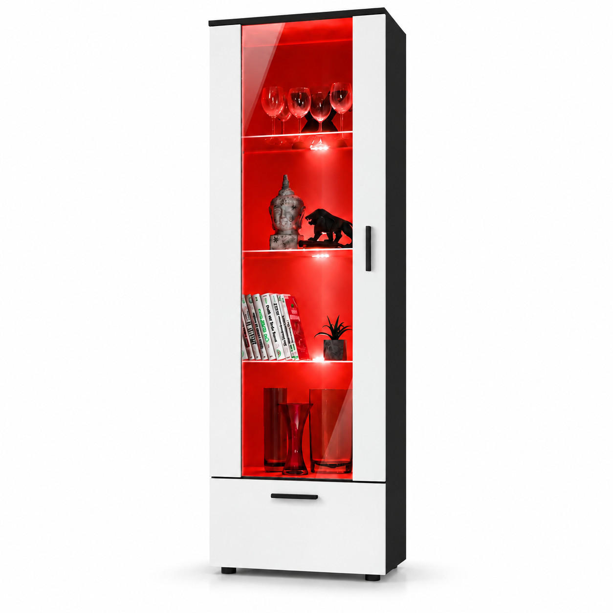 VITRINE ALESSANDRIA, Weiss, LED Mehrfarbige - Schwarz/Weiß, Glas/Holzwerkstoff (60/192/42cm) - Komodee