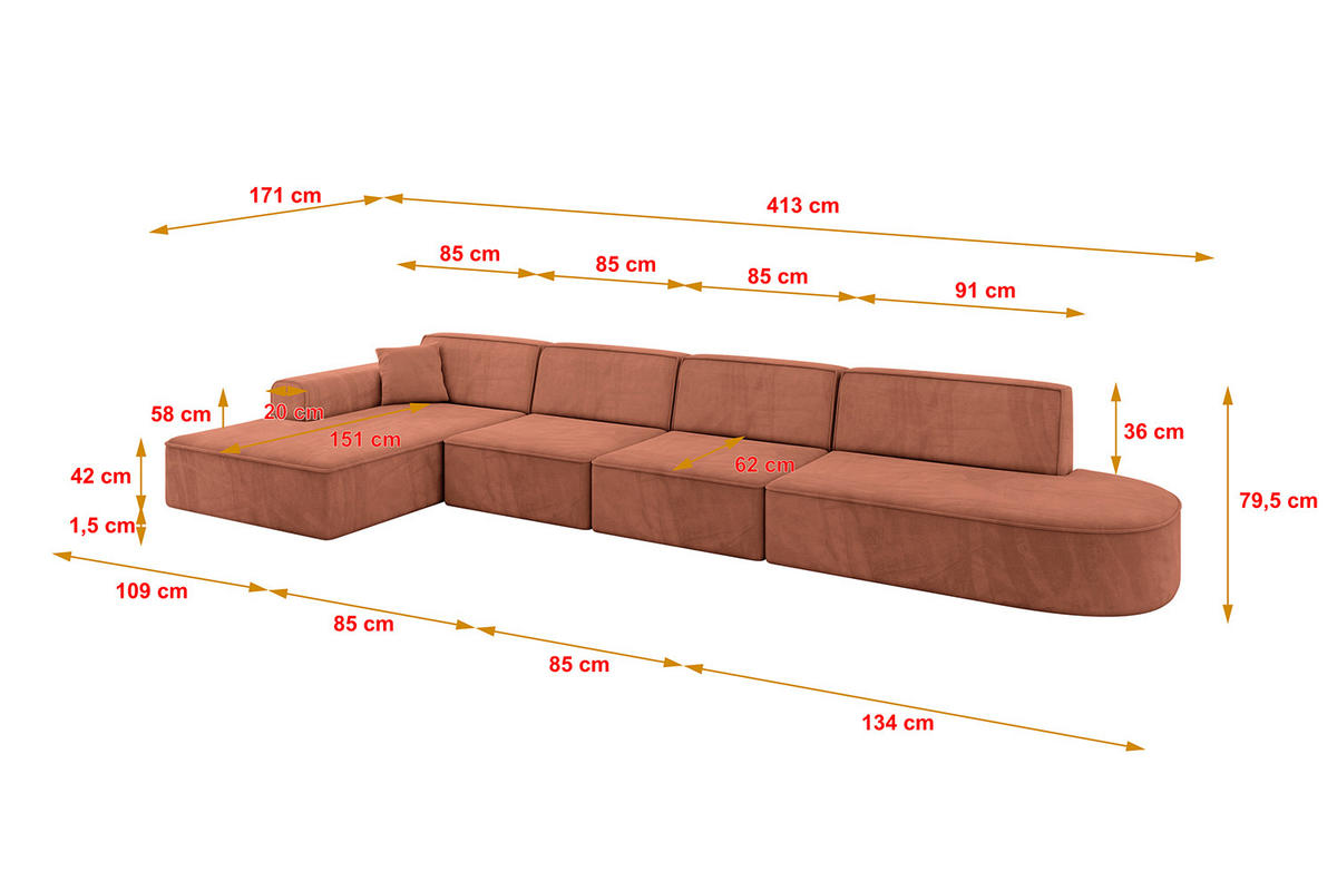 ECKSOFA Ottomane Links IREA-L3-v3 - 413x171x79 cm Apricot - Koralle, Holzwerkstoff/Textil (413/171cm) - ALTDECOR