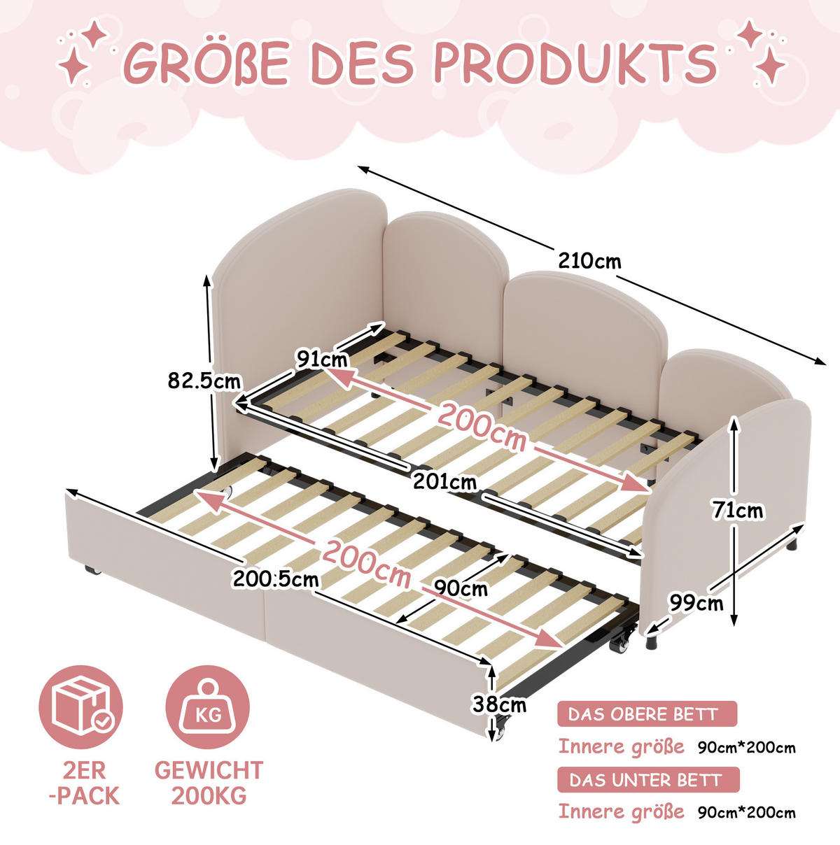 KINDERBETT 90/200 cm aus Samt und Eisen mit Blütenform und Bettkasten Pink - Rosa, Textil (90/200cm) - Modenvie