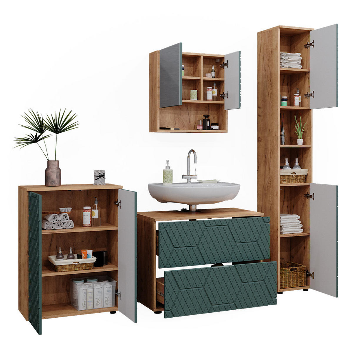 BADMÖBEL-SET Irma Grün 4 Teile, mit Schubladenschrank und Midischrank - Eiche Wotan/Grün, Holzwerkstoff (80/58/41cm) - Vicco
