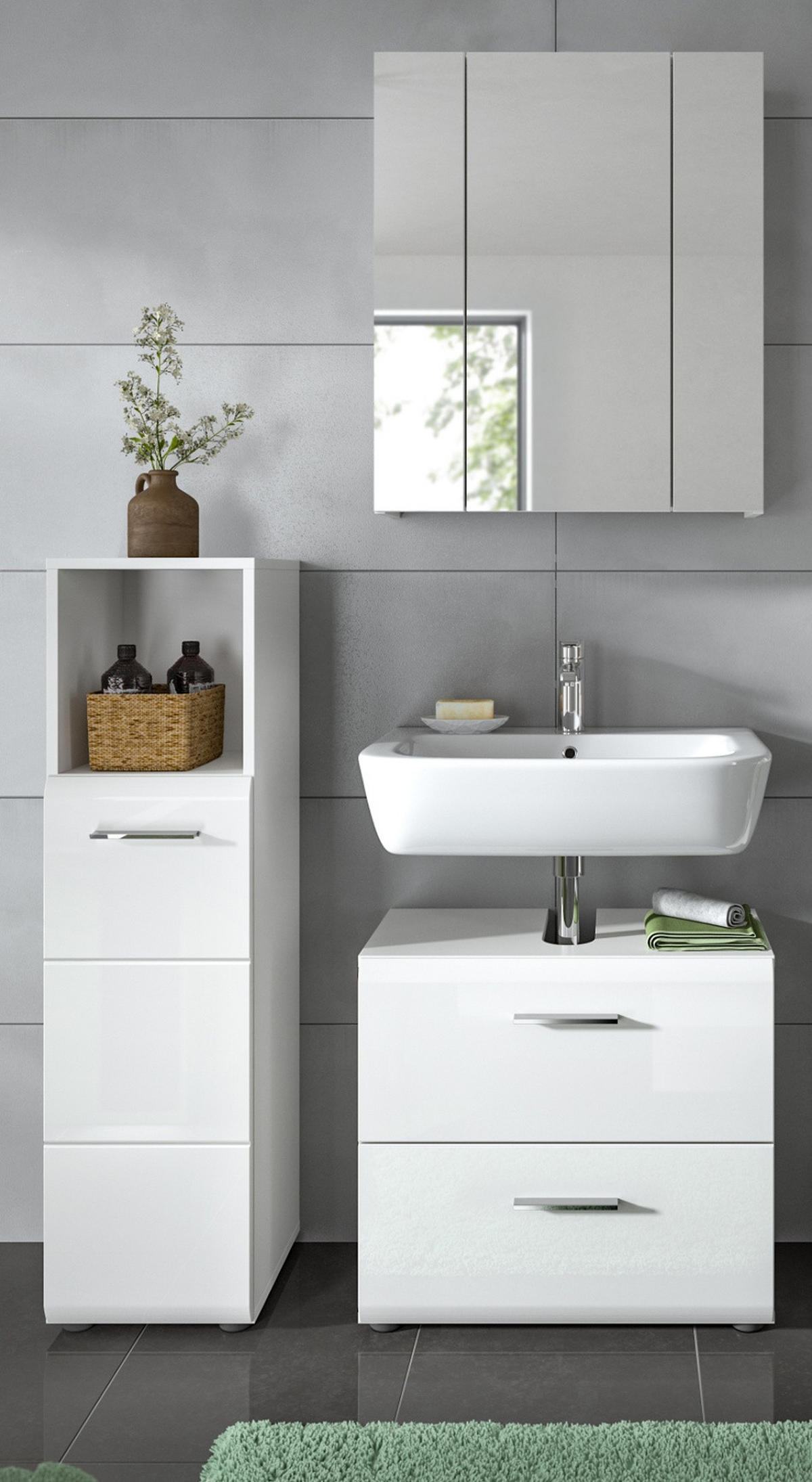 BADMÖBEL-SET 3-teilig weiß Hochglanz, Badkombination mit Spiegelschrank - Weiß Hochglanz/Silberfarben, Glas/Holzwerkstoff (105/185/30cm) - Inn.Furn