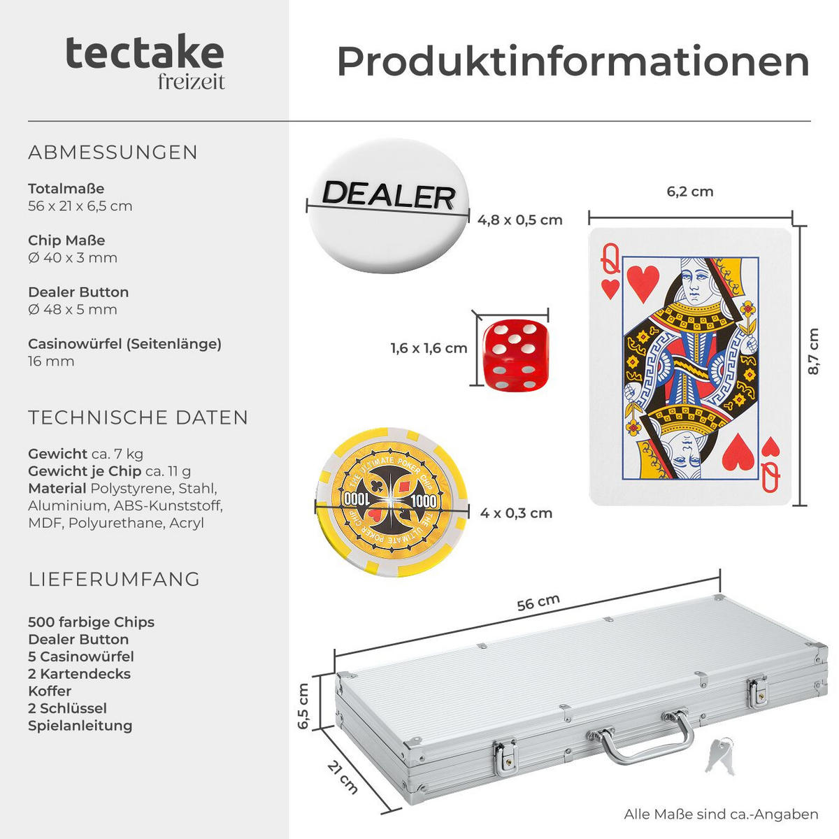 POKERSET ,inklusive verschließbarer Aluminiumkoffer,silber - Silberfarben, Kunststoff (21/56cm) - tectake