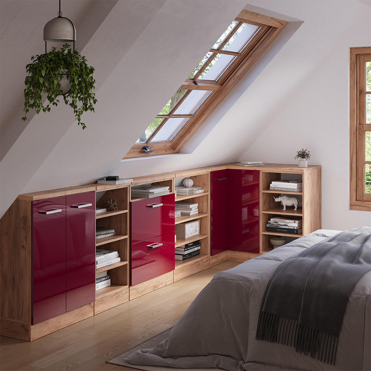 DACHSCHRÄGENSCHRANK ECKSCHRANK Rion Rot Hochglanz/Goldkraft Eiche 75.6 x 81.6 cm mit 1 Tür - Honigeiche/Rot, Holzwerkstoff (75.6/81.6/75.6cm) - Vicco