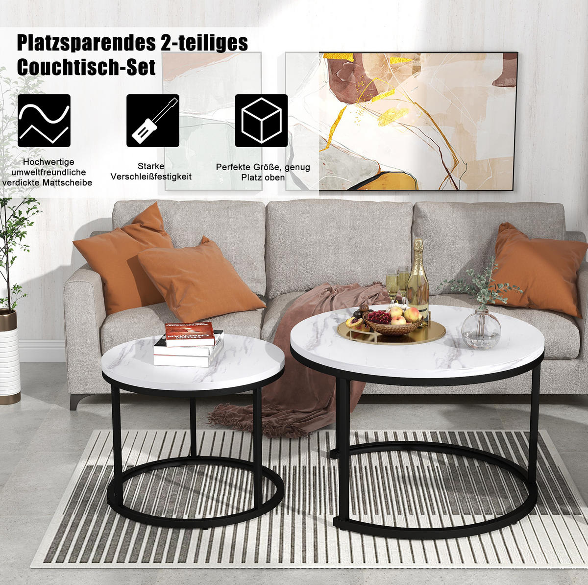 SADA konferenčních stolků 71/71/50 cm bílý mramor z MDF stohovatelná - bílá, kompozitní dřevo (70.5/70.5/50cm) - OKWISH