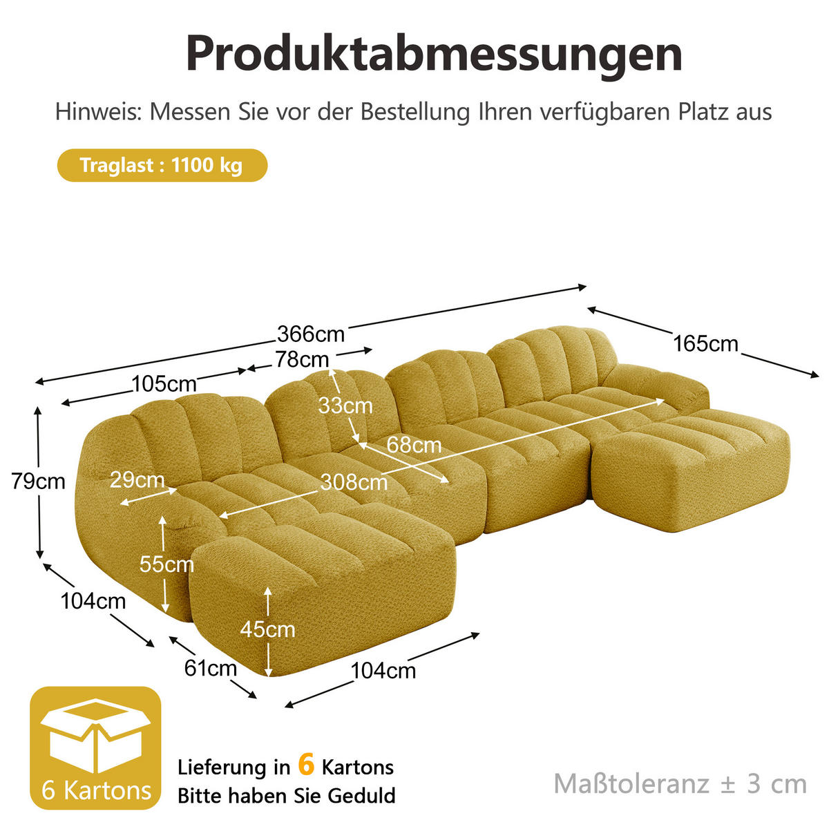 WOHNLANDSCHAFT DE-34312 4-Sitzer mit 2 Ottomans Gelb - Gelb, Textil (165/79/366cm) - ComfortXL