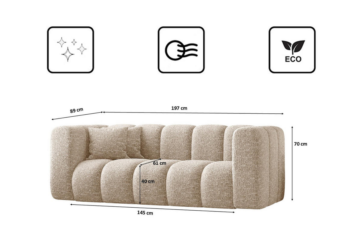 COUCH Sofa, Zweisitzer-Sofa Grand Modular Stoff Haga Ecru - Ecru, Holz (197/70/91cm) - Kaiser Möbel