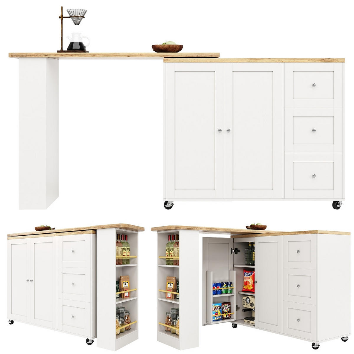 KÜCHENINSEL Stehtisch DREHBAR, Kücheninsel mit Rollen, 3 Schubladen, MDF Weiß, Küche und Wohnzimmer, 203/39/104 cm - Weiß, Kunststoff (39/106/203cm) - Rolipo