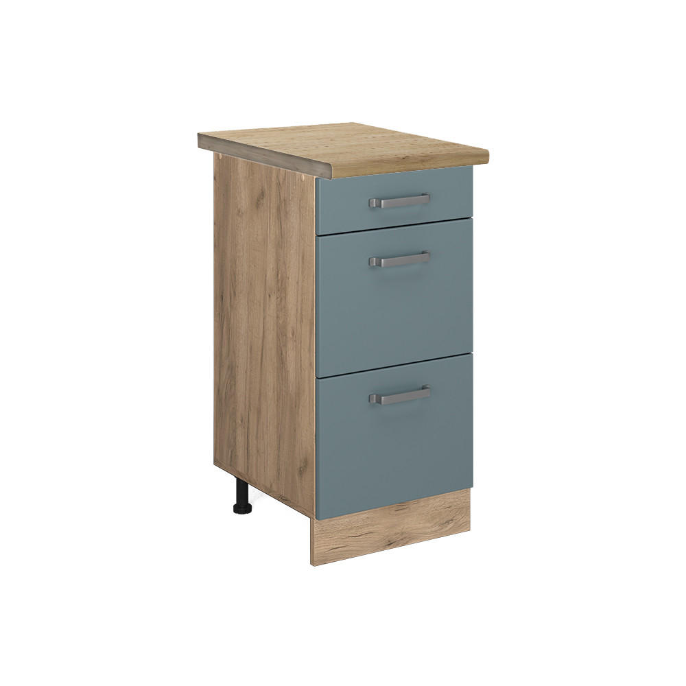 KÜCHENUNTERSCHRANK R-Line Blau-Grau 40 cm mit Schubladen, AP Eiche - Honigeiche/Eiche Wotan, Holzwerkstoff (40/81.6/60cm) - Vicco