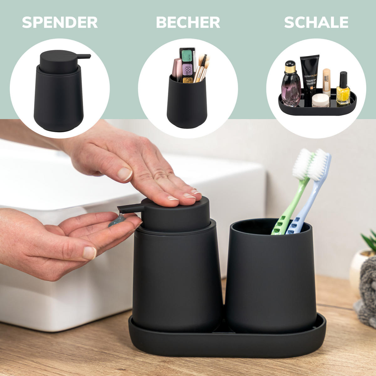 BAD-ACCESSOIRES-SET TESERO, Soft-Touch, schwarz - Schwarz, Kunststoff (18.5/13.5/10cm) - eluno