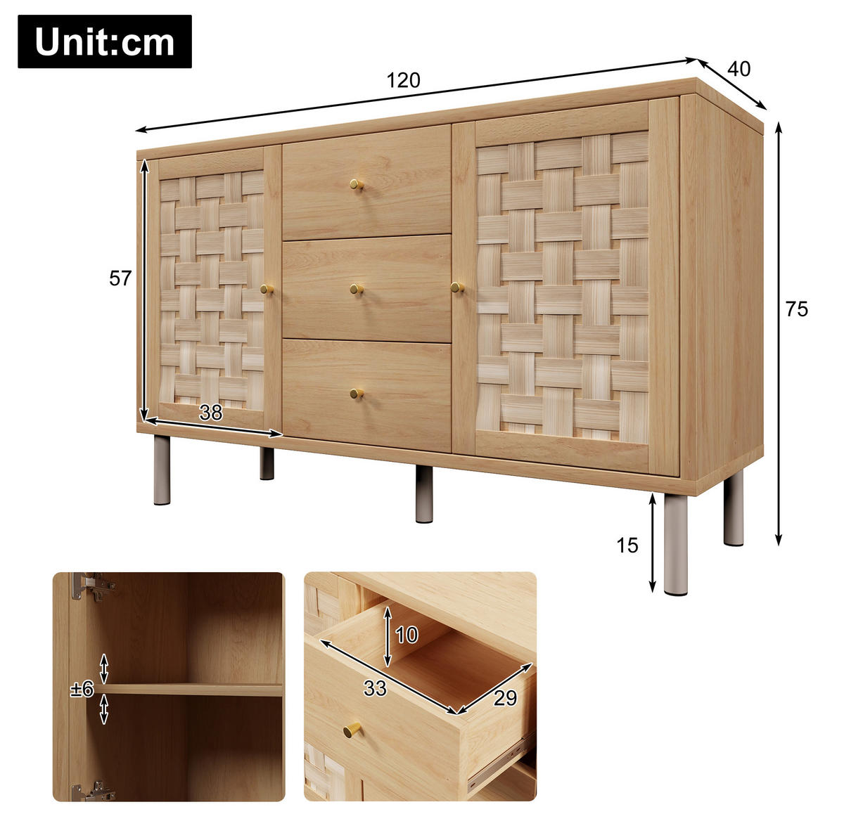 KOMMODE 120/40/75 cm aus Holz mit höhenverstellbaren Einlegeböden Eichefarben - Nussbaumfarben, Holzwerkstoff (120/70/40cm) - Modenvie
