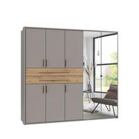 SKŘÍŇ S OTOČNÝMI DVEŘMI B228/H210/T58 cm, pískově šedá, s paspartou, 2 zrcadlové dveře, 2 velké zásuvky a úchytky v dekoru dub Artisan / 22638 - písková barva/dub artisan, kompozitní dřevo/plast (228/210/58cm) - luma-home