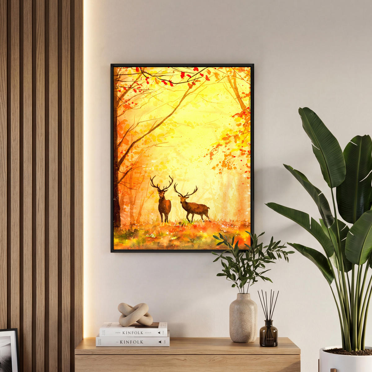 LEINWAND Bilder mit Rahmen - Natur - Ölfarbe - Hirsche - Tiere - Herbst - Orange - 60x80 - Orange, Textil (60/80cm) - MuchoWow